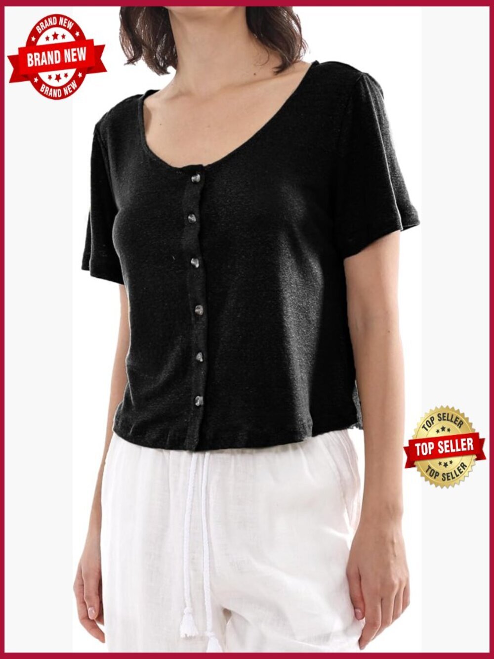 100% Linen Button Down V Neck Short Sleeve T-Shirt